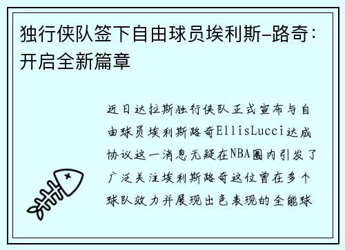 独行侠队签下自由球员埃利斯-路奇：开启全新篇章